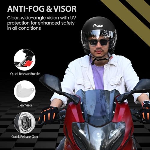 Pivalo X-Pearl 580MM Half Face Helmet with Outer Clear Visor Glossy Finish Scratch Resistant Open-Face for Bike Scooty Riding Men and Women (Pack of 1, Black) - Image 5