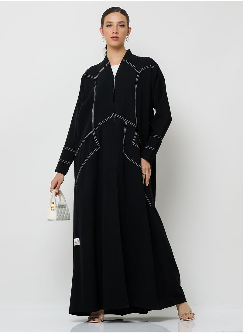 Rosette Abaya Black Abaya with Line Embroidery Design  - Image 1