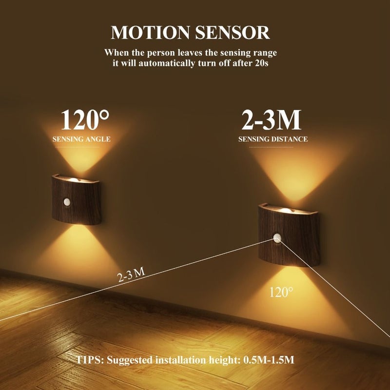 Wood Color Smart Motion Sensor Wall Light LED Night Light With Adjustable Brightness And 3 Colors For Hallway Bedroom Bathroom Passageway Staircase - Image 3
