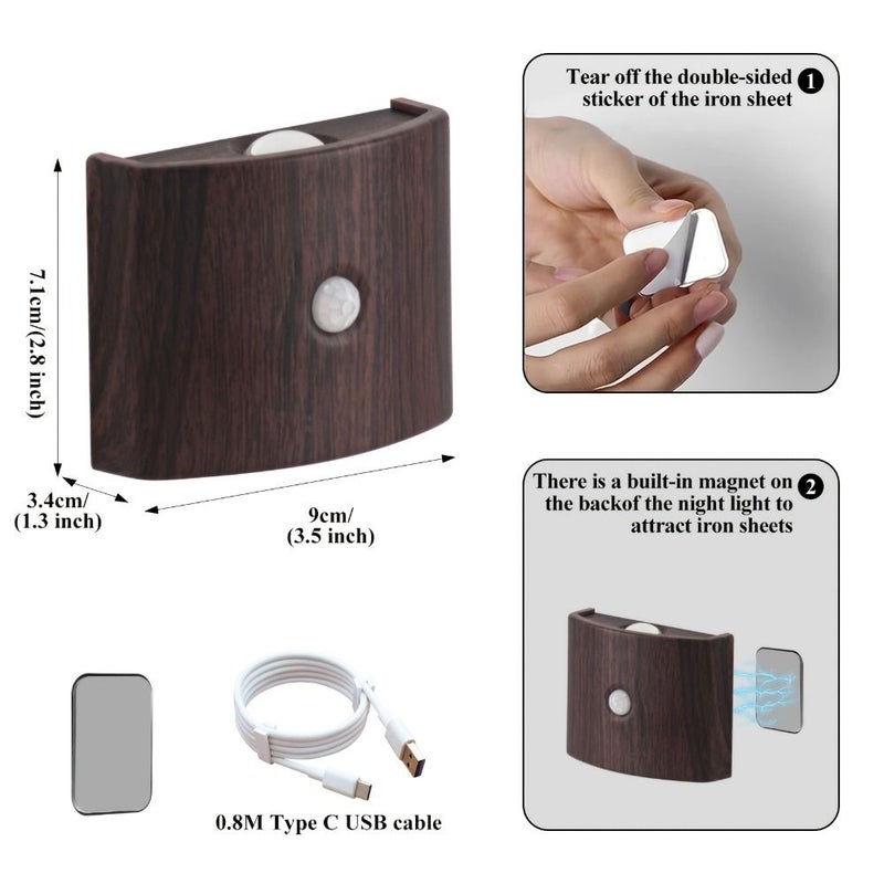 Wood Color Smart Motion Sensor Wall Light LED Night Light With Adjustable Brightness And 3 Colors For Hallway Bedroom Bathroom Passageway Staircase - Image 2