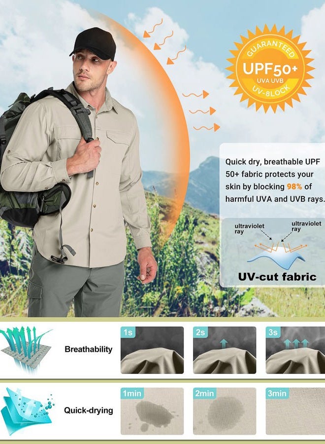Outdoor Ventures قميص رجالي للحماية من الشمس UPF 50+ مع حماية من الأشعة فوق البنفسجية SPF بأكمام طويلة خفيف الوزن سريع الجفاف للسفاري والسفر وصيد الأسماك باللون الكاكي - Image 4