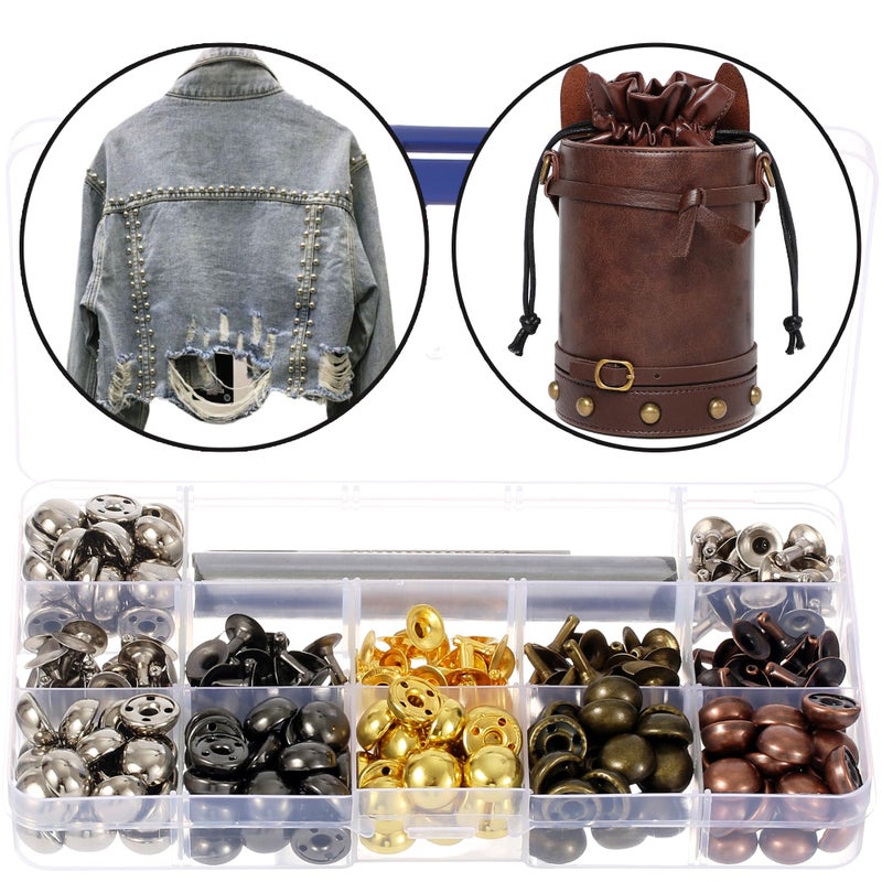 YORANYO 150 Sets 12x6mm Round Dome Leather Rivets Studs for Clothing Purse Feet for Handbags Studs and Spikes with Hole Punch and Mushroom Rivets Setter for Shoes Bags Belts Dog Collars Leather Craft - Image 4