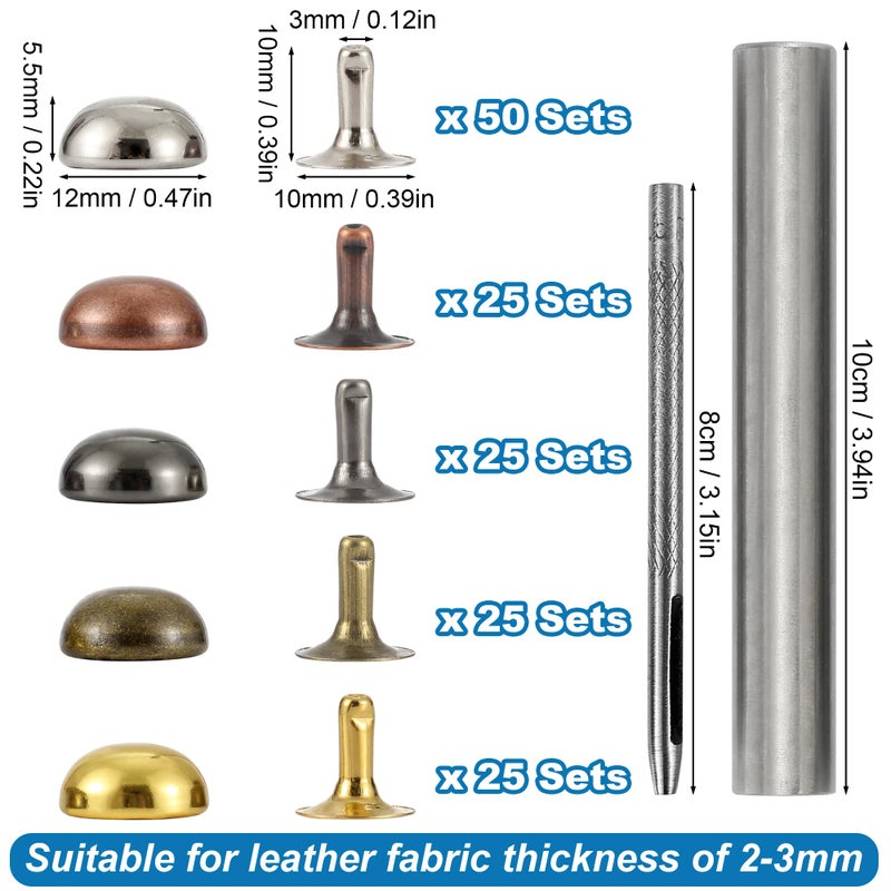 YORANYO 150 Sets 12x6mm Round Dome Leather Rivets Studs for Clothing Purse Feet for Handbags Studs and Spikes with Hole Punch and Mushroom Rivets Setter for Shoes Bags Belts Dog Collars Leather Craft - Image 2