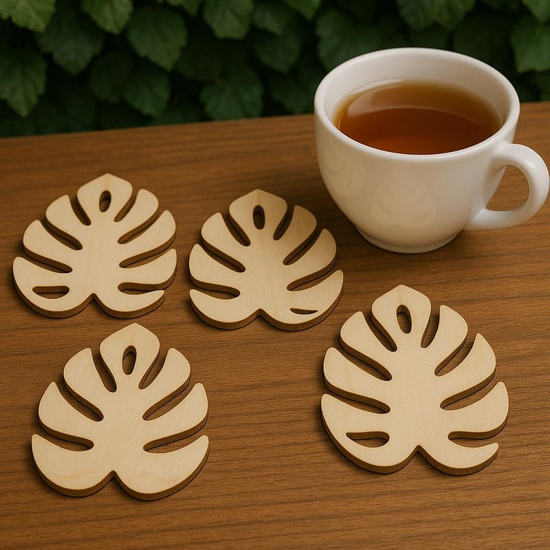 MAYUMI Monstera Leaf Wooden Coasters, Set of 4, 9 cm x 9 cm, Natural Wood - Image 4