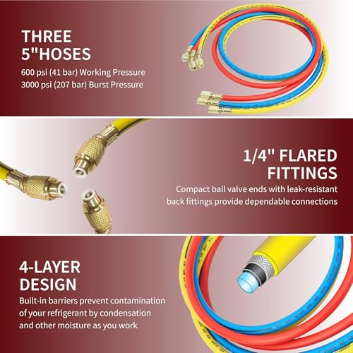 CALPOSE R1234yf AC Gauge, 3 Way AC Manifold Gauge Set for R1234yf Refrigerant, Refrigerant Gauges with 5FT Hoses，R410a Adapter, Puncturing Can Tap, Anti-Collision Dials Provide More Accurate Reading - Image 5