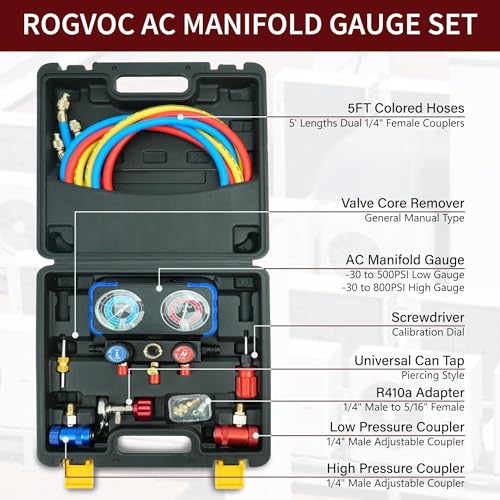 CALPOSE R1234yf AC Gauge, 3 Way AC Manifold Gauge Set for R1234yf Refrigerant, Refrigerant Gauges with 5FT Hoses，R410a Adapter, Puncturing Can Tap, Anti-Collision Dials Provide More Accurate Reading - Image 2