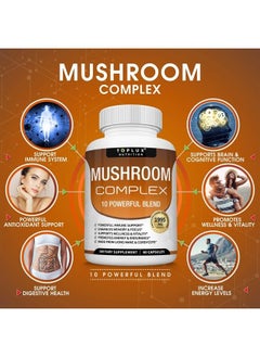 Toplux Mushroom Supplement Lions Mane & Cordyceps Reishi Chaga – 10 Organic Mushroom Blend to Support Immune System, Memory, Focus & Clarity and Increase Energy, for Men Women, 60 Capsules, Toplux Supplement  - Image 2
