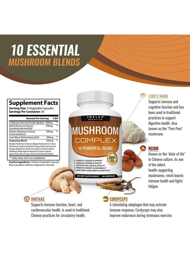 Toplux Mushroom Supplement Lions Mane & Cordyceps Reishi Chaga – 10 Organic Mushroom Blend to Support Immune System, Memory, Focus & Clarity and Increase Energy, for Men Women, 60 Capsules, Toplux Supplement  - Image 4