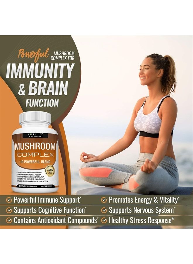 Toplux Mushroom Supplement Lions Mane & Cordyceps Reishi Chaga – 10 Organic Mushroom Blend to Support Immune System, Memory, Focus & Clarity and Increase Energy, for Men Women, 60 Capsules, Toplux Supplement  - Image 3