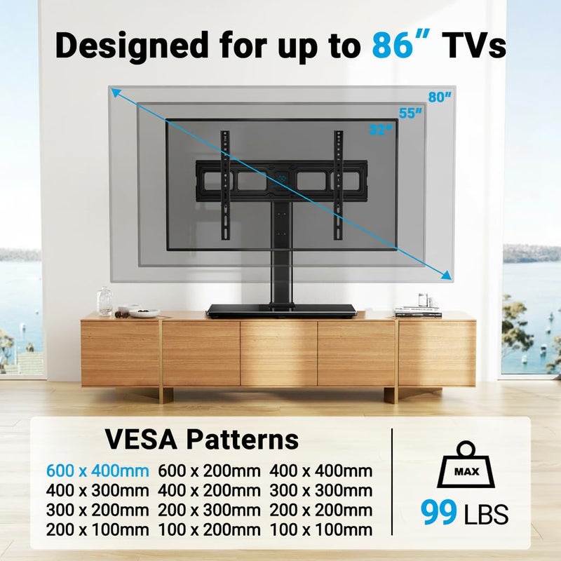 PERLESMITH Swivel Universal TV Stand Mount for 32-86 Inch LCD OLED Flat/Curved Screen TVs up to 99lbs-Height Adjustable Table Top TV Stand/Base with Tempered Glass Base&Wire Management,VESA 600x400mm - Image 2