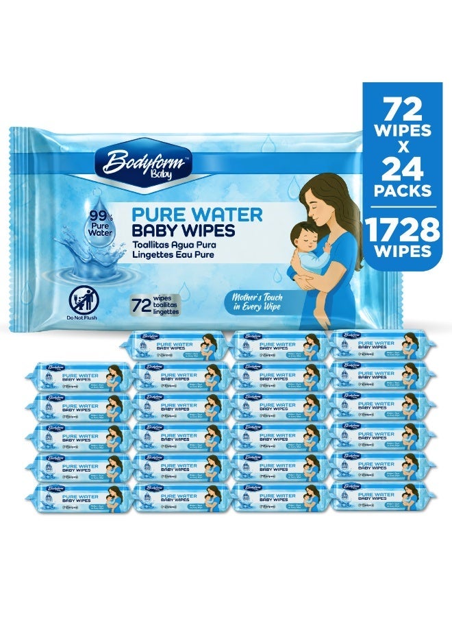Bodyform Baby Pure Water Baby Wipes, 24 Pack of 72 Count (1,728 Wipes Total) — 99% Pure Water Formula, Alcohol-Free & Paraben-Free, Soft & Thick, Gentle for Hands, Face & Bottom - Image 1