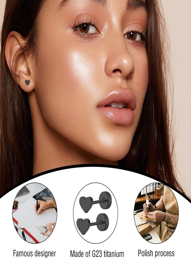 ZDE Women Earrings Flat Back Heart Earrings Titanium Hypoallergenic Non-Nickel Cartilage Earrings Studs for Sensitive Ears Simple Classic 5mm Black Screw On Stud Earrings - Image 3