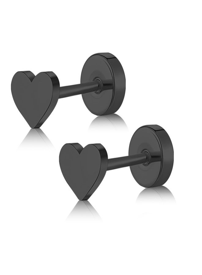 ZDE Women Earrings Flat Back Heart Earrings Titanium Hypoallergenic Non-Nickel Cartilage Earrings Studs for Sensitive Ears Simple Classic 5mm Black Screw On Stud Earrings - Image 1