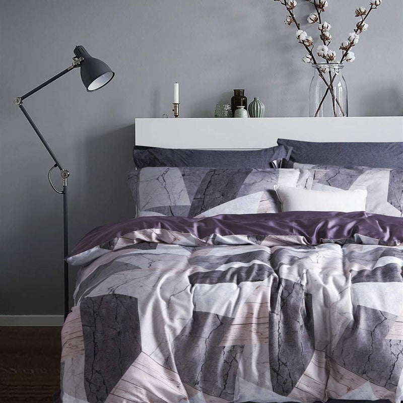 MILDLY 100 Long Staple Cotton Duvet Cover Set 3pcs Purple Geometric Marble Textured Pattern Printed Comforter Cover Set