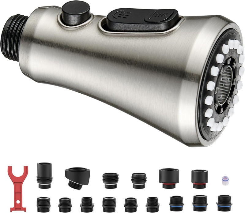 HEISOK Pull Down Spray Head for Kitchen Faucet - Kitchen Faucet Head Replacement with 15 Adapters - 3 Function Sink Faucet Sprayer Nozzle with Pause,Brushed Nickel - Image 1