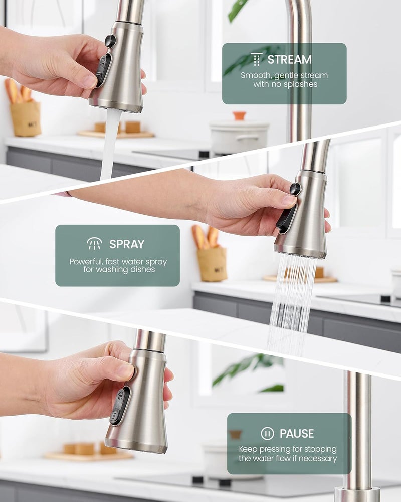 HEISOK Pull Down Spray Head for Kitchen Faucet - Kitchen Faucet Head Replacement with 15 Adapters - 3 Function Sink Faucet Sprayer Nozzle with Pause,Brushed Nickel - Image 3