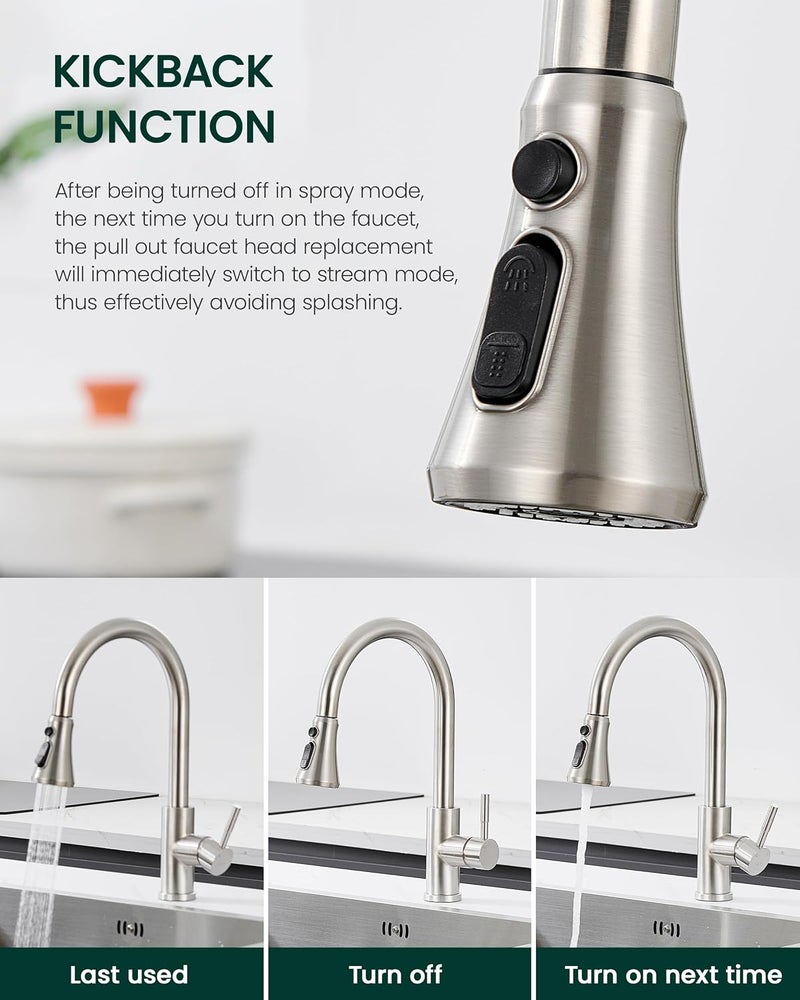 HEISOK Pull Down Spray Head for Kitchen Faucet - Kitchen Faucet Head Replacement with 15 Adapters - 3 Function Sink Faucet Sprayer Nozzle with Pause,Brushed Nickel - Image 4