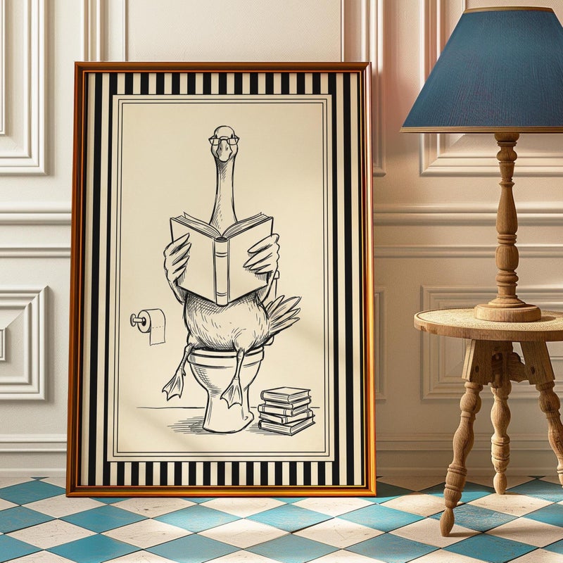 TNESSENTIAL Silly Goose Toilet Poster, Black White Bathroom Wall Art, Funny Reading Goose Print, Modern Powder Room Decor - Image 1