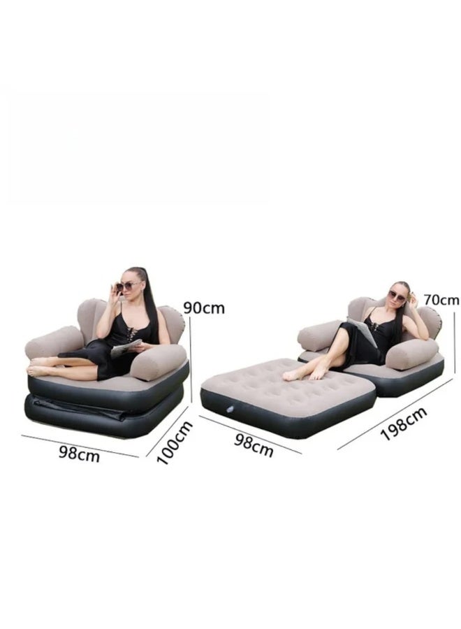 2-in-1 Convertible Inflatable Sofa Chair & Pull-Out Lounge Bed with Armrests for Indoor, Outdoor, Camping & Pool -( Beige) - Image 5