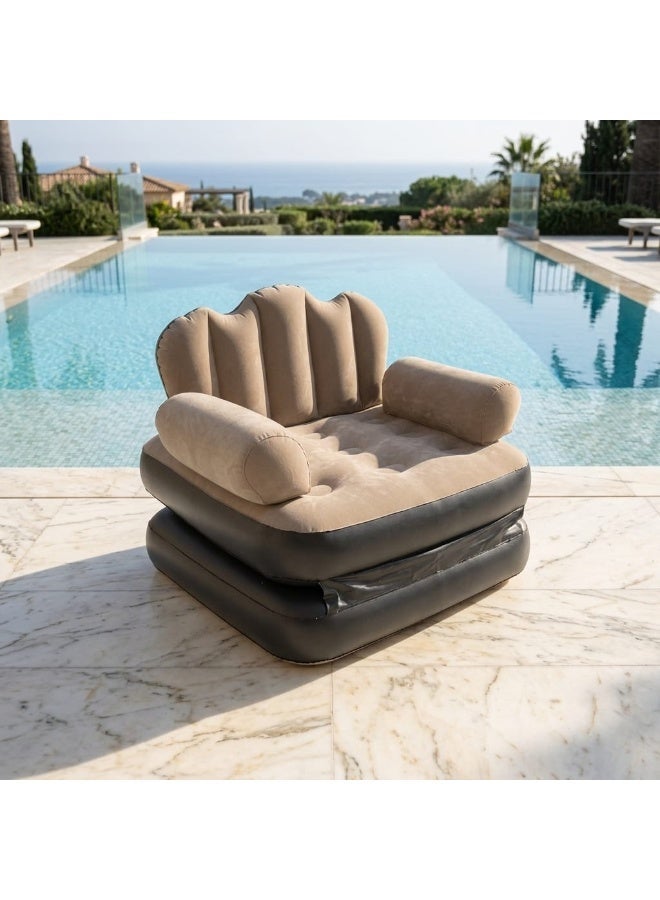 2-in-1 Convertible Inflatable Sofa Chair & Pull-Out Lounge Bed with Armrests for Indoor, Outdoor, Camping & Pool -( Beige) - Image 3