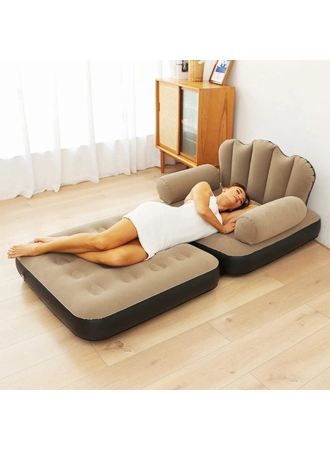 2-in-1 Convertible Inflatable Sofa Chair & Pull-Out Lounge Bed with Armrests for Indoor, Outdoor, Camping & Pool -( Beige) - Image 2