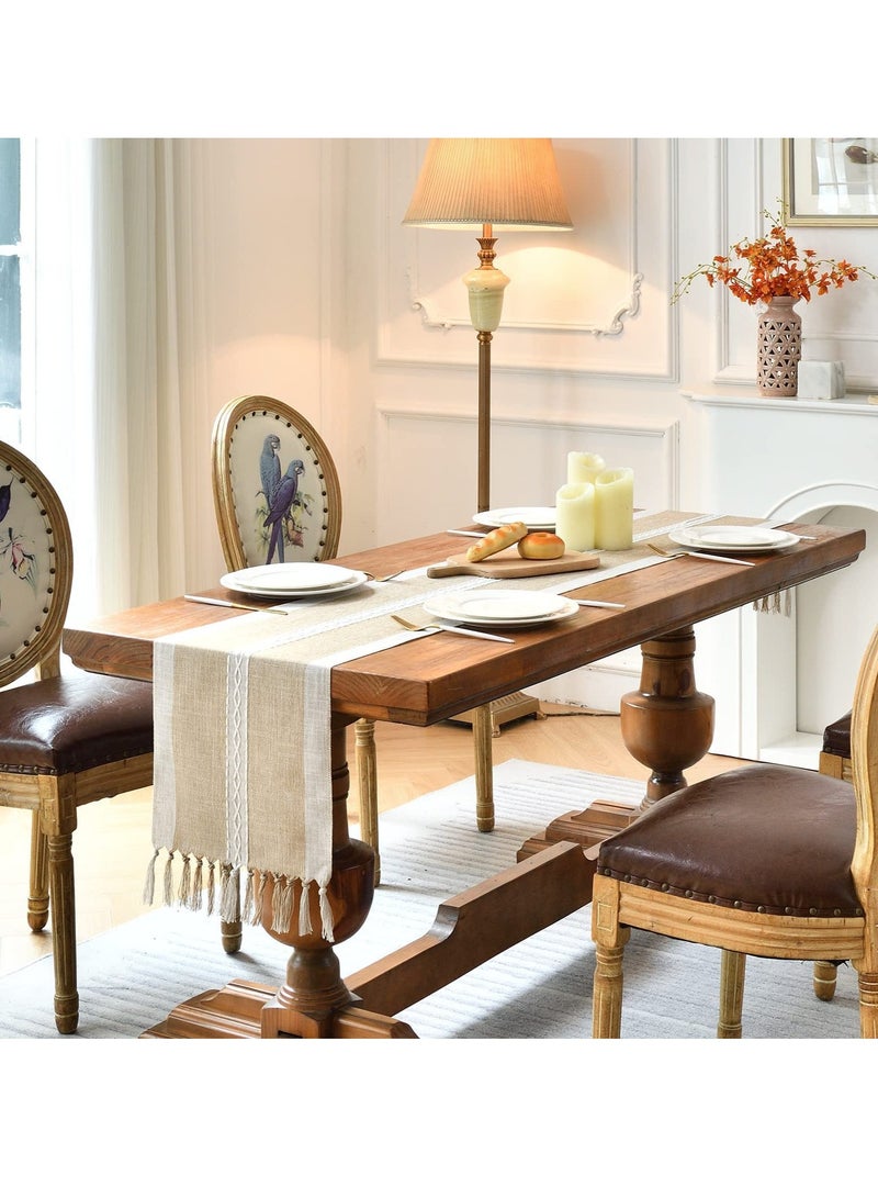 Zikra Embroidery Cotton Linen Table Runner Indoor Outdoor Farmhouse Style Coffee Table Runner 180cm with Hand tassels for Party Dining Kitchen Decoration(Coffee 180cm - Image 4