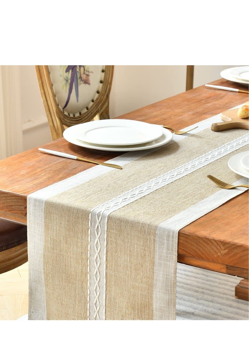 Zikra Embroidery Cotton Linen Table Runner Indoor Outdoor Farmhouse Style Coffee Table Runner 180cm with Hand tassels for Party Dining Kitchen Decoration(Coffee 180cm - Image 2