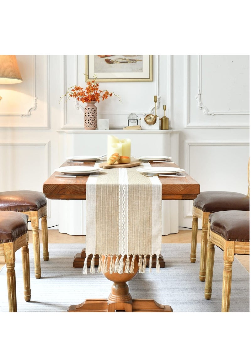 Zikra Embroidery Cotton Linen Table Runner Indoor Outdoor Farmhouse Style Coffee Table Runner 180cm with Hand tassels for Party Dining Kitchen Decoration(Coffee 180cm - Image 1