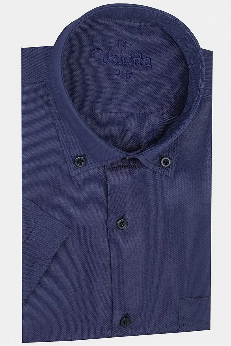 Varetta Men's Navy Blue Short Sleeve Classic Cut Collar Buttoned Cotton Satin Shirt