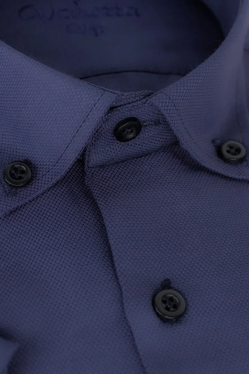 Varetta Men's Navy Blue Short Sleeve Classic Cut Collar Buttoned Cotton Satin Shirt