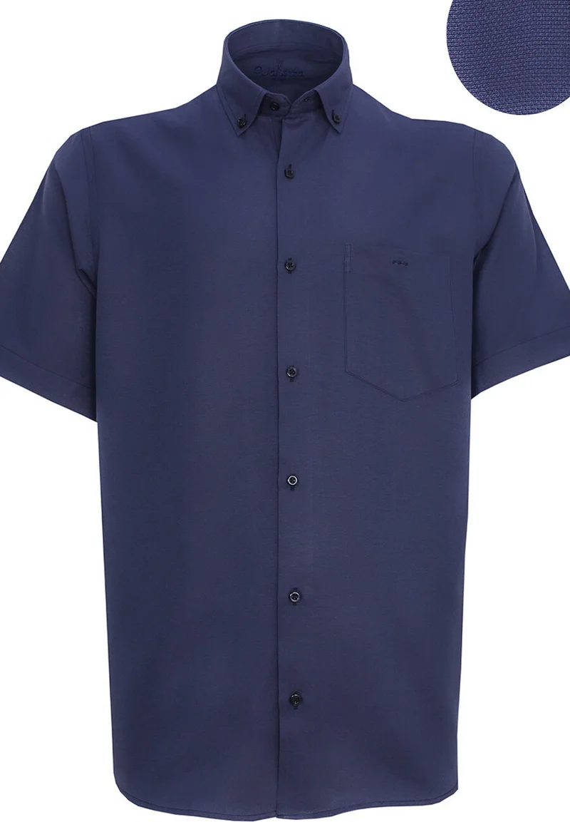 Varetta Men's Navy Blue Short Sleeve Classic Cut Collar Buttoned Cotton Satin Shirt
