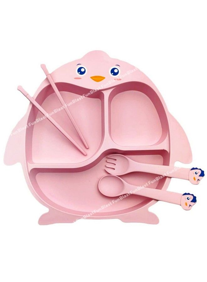 FunBlast Bamboo Fiber Feeding Set For Kids Cartoon Design Children Tableware Set Utensils And Dishes Includes Plate Spoon Fork And Chopsticks Plates For Kids Tableware Cutlery (Pink)  - Image 2