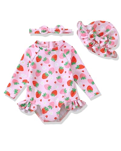 SODLON Toddler Swimsuit Girl 18-24 Month Swimsuit Girl 2t Swimsuit Ruffle Pink Strawberry One-Piece Rash Guard Sun Hat Long Sleeve Baby Bathing Suit Set Beach Swimwear - Image 1