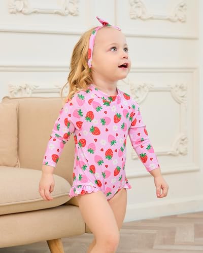 SODLON Toddler Swimsuit Girl 18-24 Month Swimsuit Girl 2t Swimsuit Ruffle Pink Strawberry One-Piece Rash Guard Sun Hat Long Sleeve Baby Bathing Suit Set Beach Swimwear - Image 2