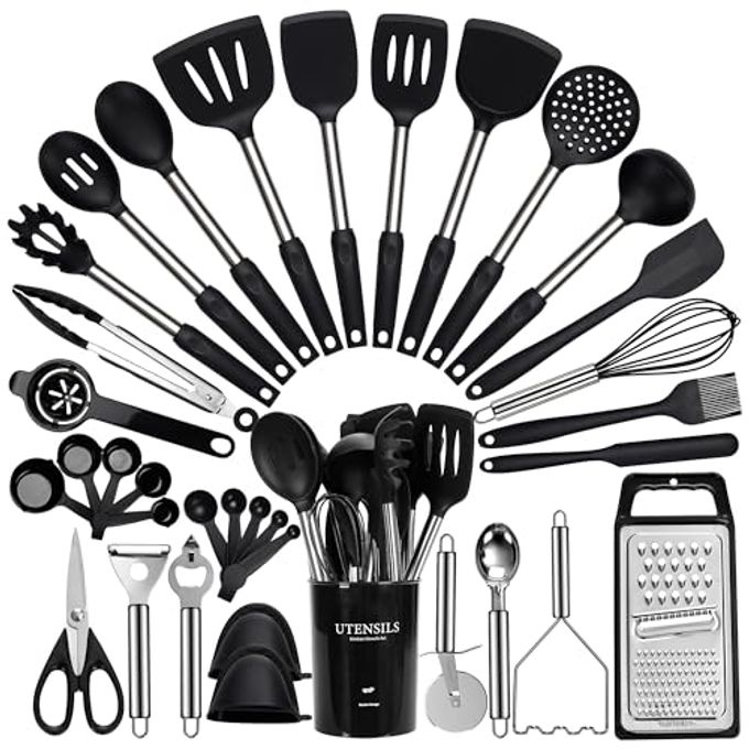 Fyvva Large Cooking Utensils Set, 35 Pcs Kitchen Utensils Set with Holder, Silicone Spatula Set with Stainless Steel Handle, Whisk, Basting Brush, Kitchen Gadgets for Nonstick Cookware (Black)