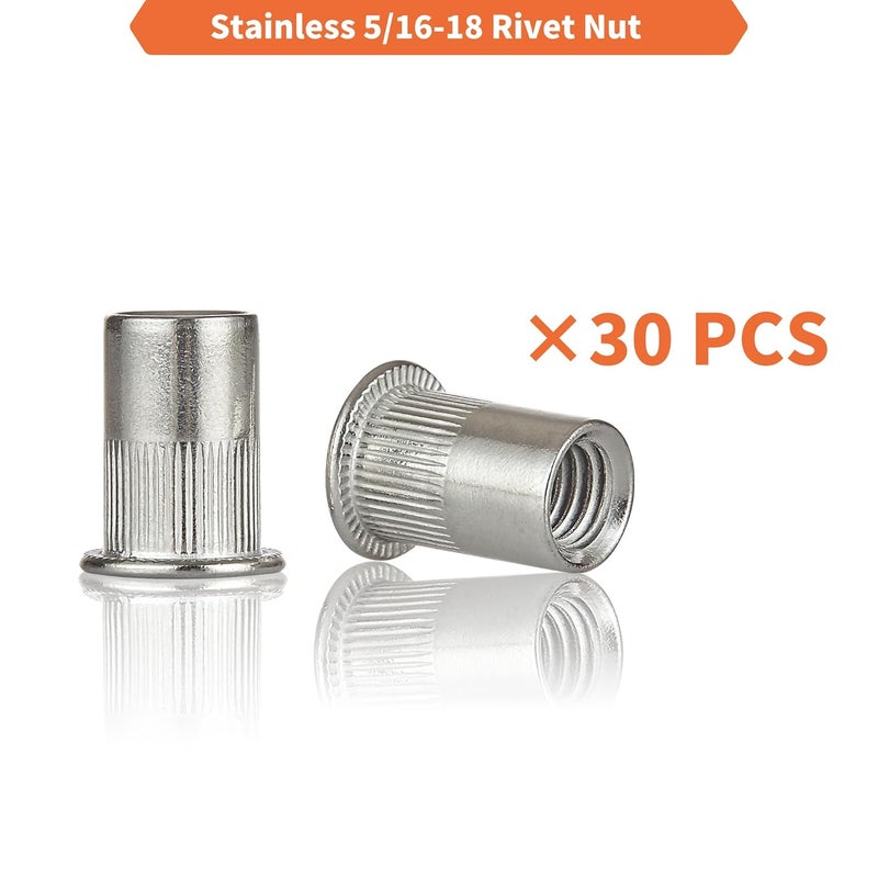 EZ-NUTUL Rivet Nut Installation Tool Set Flat Head Rivnut Threaded Insert Nut Kit SAE & Metric for Metal Heavy Duty Zinc Plated Nutsert (5/16-18(Rivet Nut-30pcs, Stainless)) - Image 4