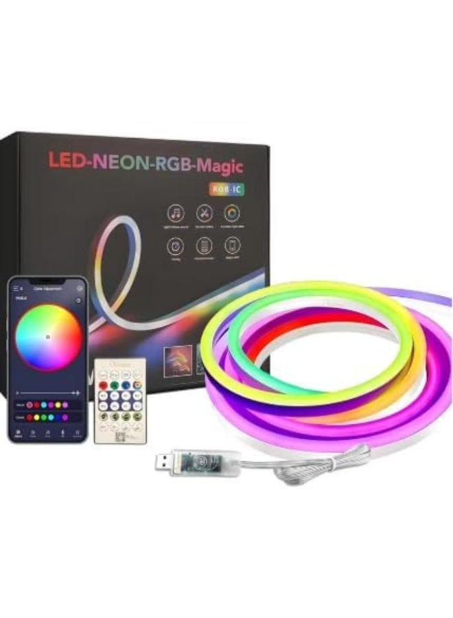 شريط إضاءة نيون مع تطبيق جوال وجهاز تحكم عن بُعد إضاءة RGB متزامنة مع الموسيقى للغرفة شريط إضاءة LED متعدد الألوان للإضاءة الخلفية للتلفزيون، ديكور المنزل، الألعاب (2أمتار)