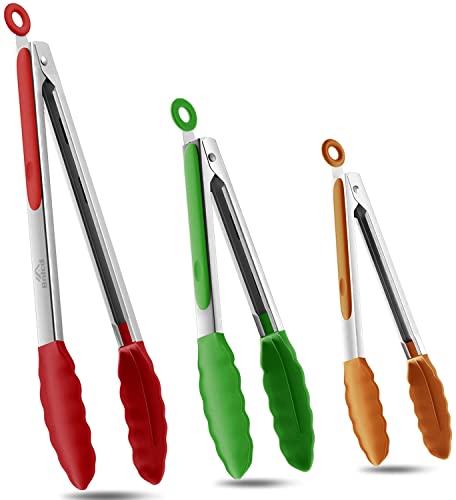 Bnlcd 600F Heat Resistant Kitchen Tongs Premium Locking Cooking Tongs with Silicone Tips NonSlip Food Tongs for Cooking NonStick Heavy Duty Stainless Steel Handle Set of 37 9 and 12 Aqua Sky 