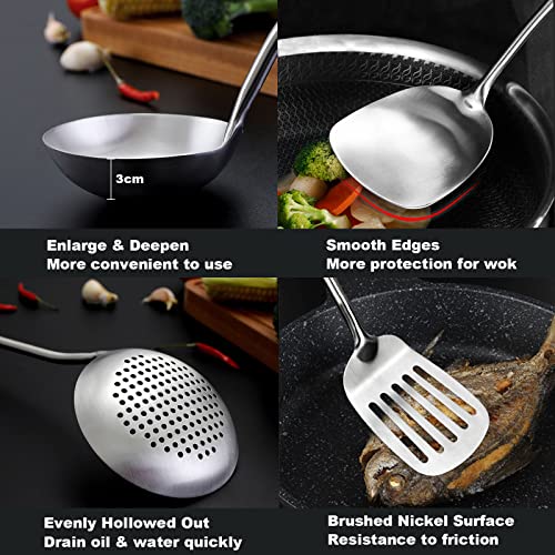 NIITAWH Wok Utensils for Carbon Steel, Stainless Steel Wok Spatula Metal, 4-Pieces 17 Inch Extra Long, Wok Tools Professional Set, Wooden Handle Skimmer, Soup Ladle, Slotted Turner - Image 4
