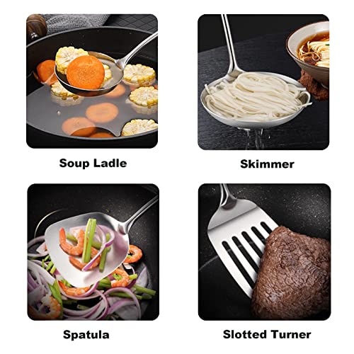 NIITAWH Wok Utensils for Carbon Steel, Stainless Steel Wok Spatula Metal, 4-Pieces 17 Inch Extra Long, Wok Tools Professional Set, Wooden Handle Skimmer, Soup Ladle, Slotted Turner - Image 2