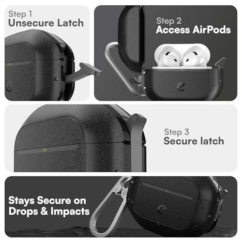 Keybudz for AirPods 4 Case with Lock - Fully Waterproof AirPods 4th Generation Case Cover - Keychain, Rugged Tough Protection, Hard Shell and Carabiner (Carbon Black) - Image 3