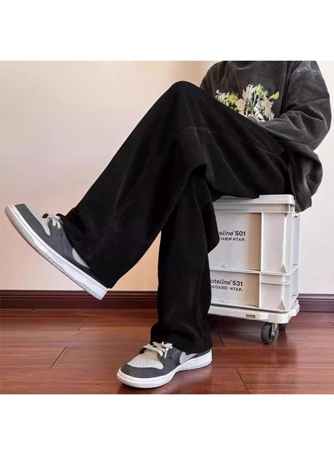 Homlean Literary Casual بنطلون رجالي ربيعي لون صلب قطيفة دافئ مستقيم فضفاض طويل 8302 أسود S - Image 4
