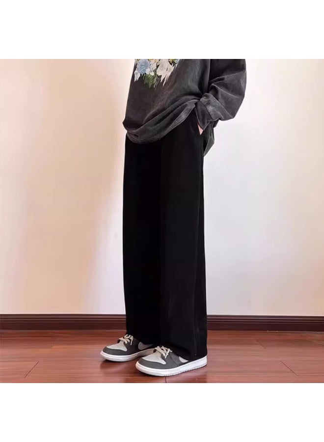 Homlean Literary Casual بنطلون رجالي ربيعي لون صلب قطيفة دافئ مستقيم فضفاض طويل 8302 أسود S - Image 2