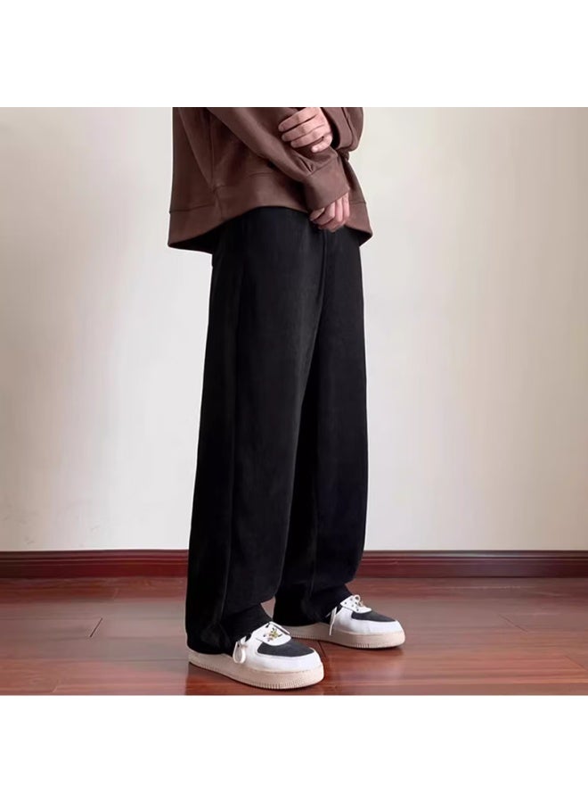 Homlean Literary Casual بنطلون رجالي ربيعي لون صلب قطيفة دافئ مستقيم فضفاض طويل 8302 أسود S - Image 3
