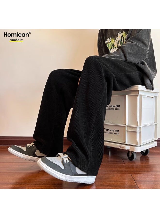 Homlean Literary Casual بنطلون رجالي ربيعي لون صلب قطيفة دافئ مستقيم فضفاض طويل 8302 أسود S - Image 1