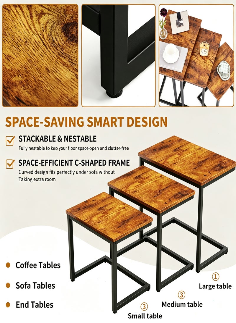 Yoawllty 3 Pieces Coffee Tables Set, Modern Stackable Side End Tables with Sturdy Steel Metal Legs, Black Compact Nested Accent Furniture for Living Room Home Decor - Image 4