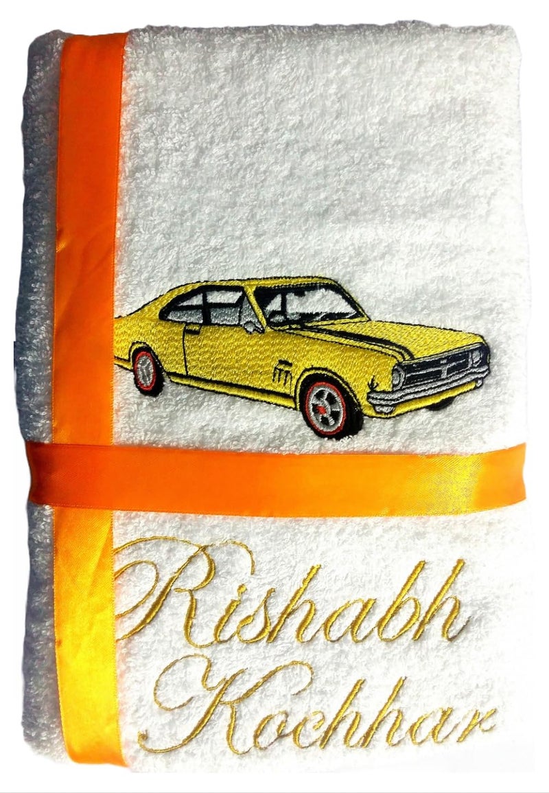 TurtleLittle 100 Cotton Personalised Yellow Mustang Adult Bath Towel 600 GSM Set of 1 White - Image 1