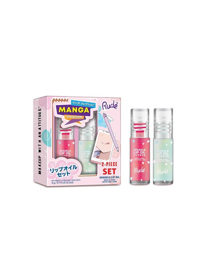 RUDE Cosmetics Manga Collection Sparkle Lip Oil Set, Cute Lip Gloss for Women & Girls, Hydrating & Moisturizing Lipgloss for Smooth, Nourished Lips, Long Lasting Glossy, Watermelon & Mint - Image 1