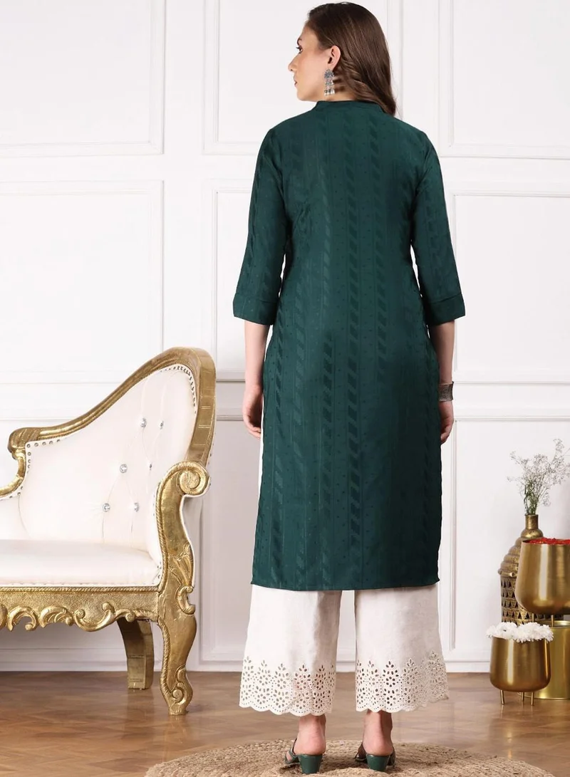 آي شين Women's Bottle Green Cotton Blend Printed Tunic Regular Fit Kurta