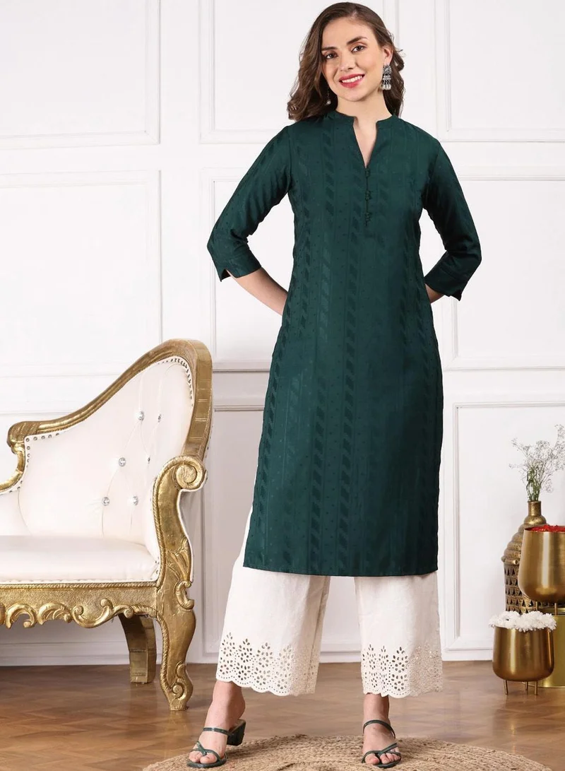 آي شين Women's Bottle Green Cotton Blend Printed Tunic Regular Fit Kurta